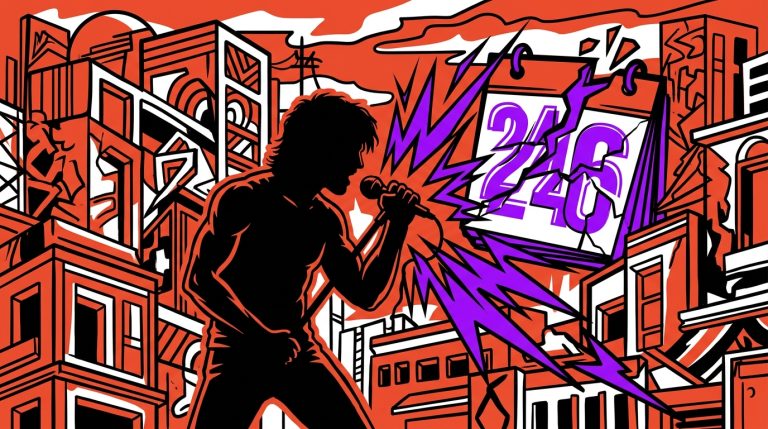 Ilustración urbana sobre el misterio de la gira 2026 de José Madero. Silueta de un cantante y un reloj fallando.