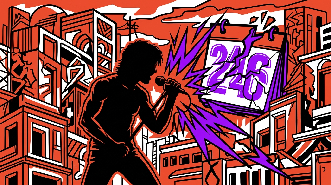 Ilustración urbana sobre el misterio de la gira 2026 de José Madero. Silueta de un cantante y un reloj fallando.