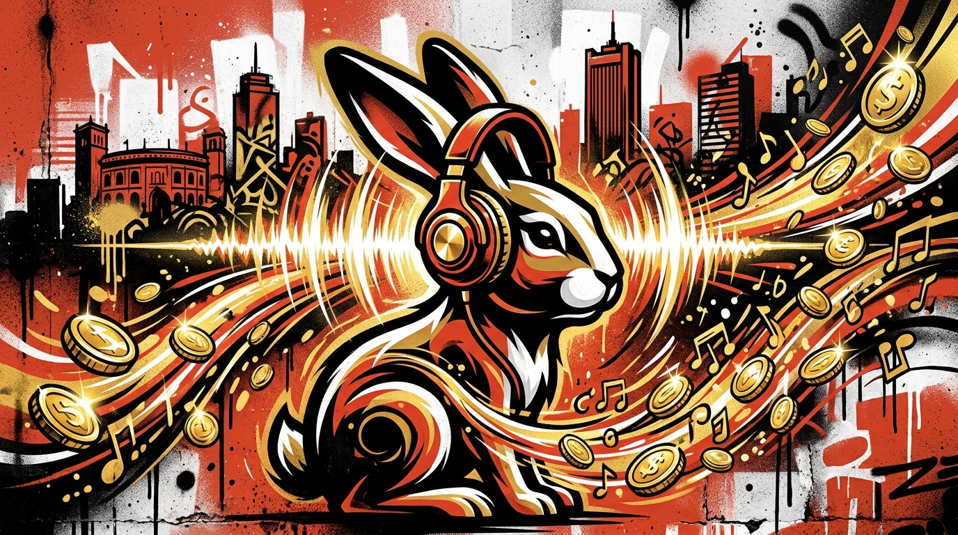 Ilustración urbana de un conejo con audífonos y monedas de oro, simbolizando el éxito millonario de Bad Bunny en la música.