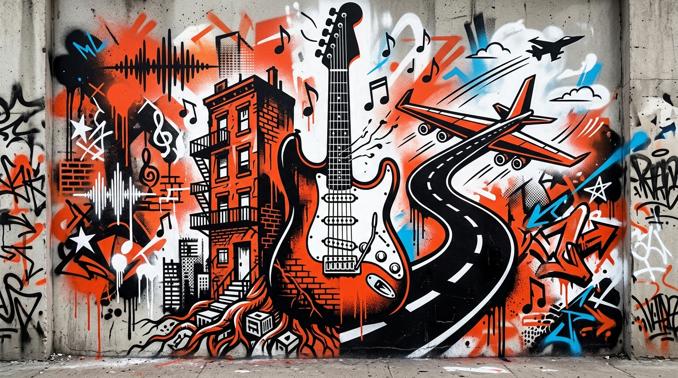 Ilustración urbana sobre la gira de los Rolling Stones: guitarra dividida entre un edificio y una carretera.