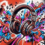 Ilustración de arte urbano sobre los mejores álbumes de 2026, con audífonos y notas musicales vibrantes.