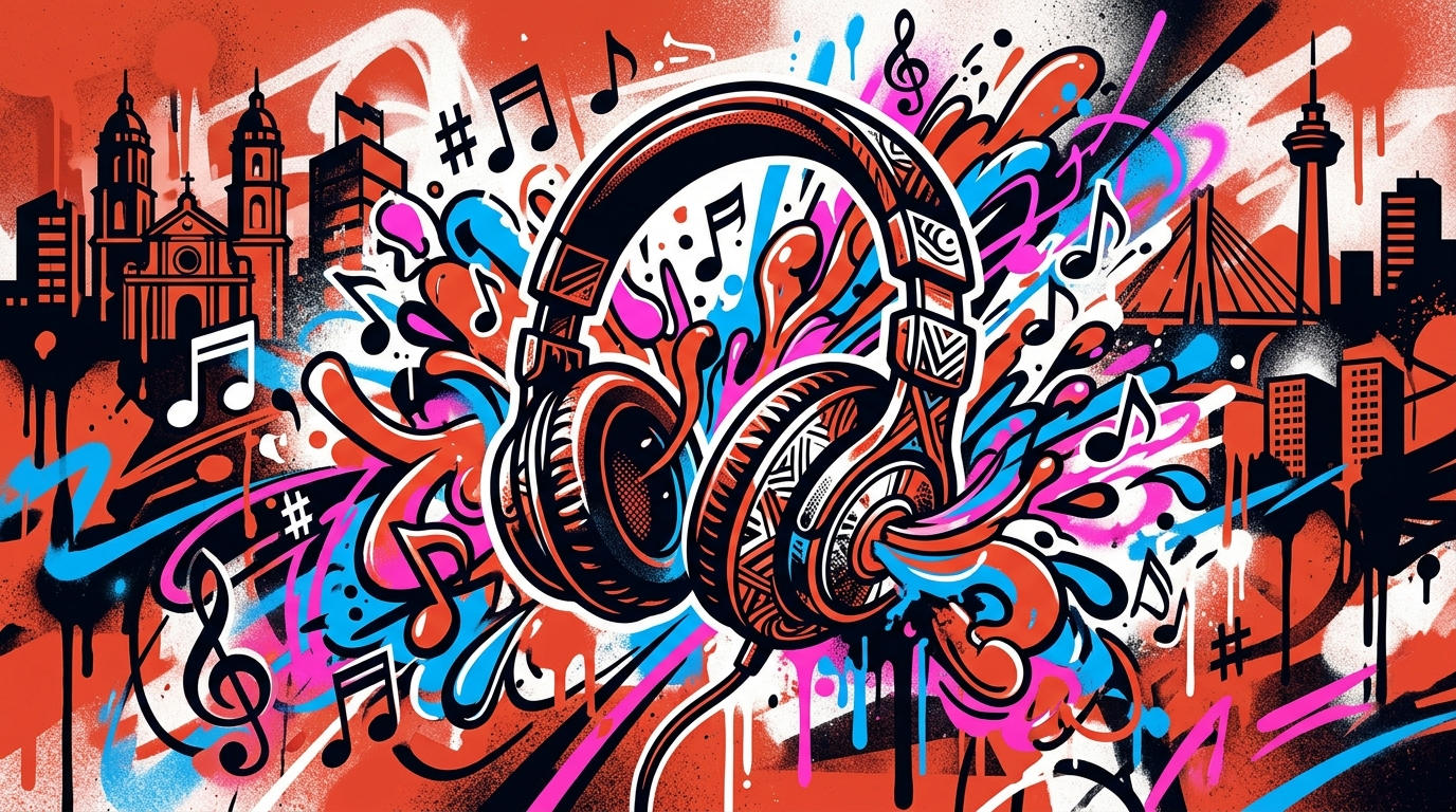 Ilustración de arte urbano sobre los mejores álbumes de 2026, con audífonos y notas musicales vibrantes.
