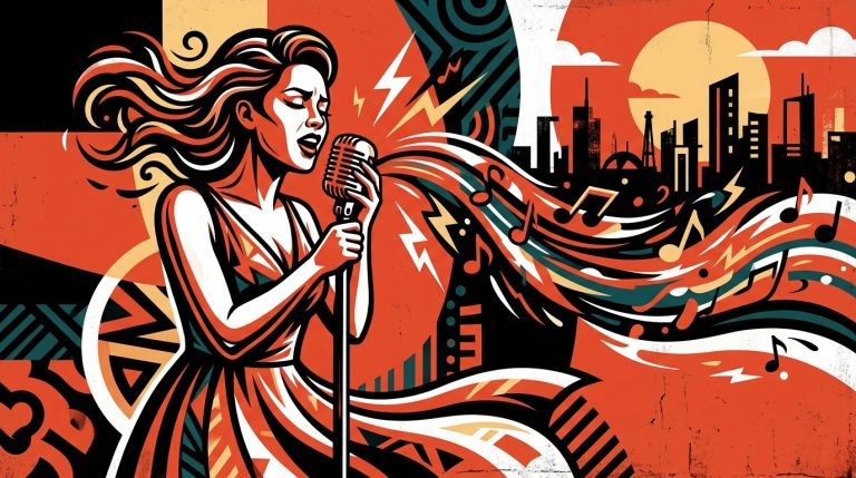 Ilustración urbana para Bonchona Radio: la esencia íntima de los boleros de iLe en un arte vibrante al estilo venezolano.