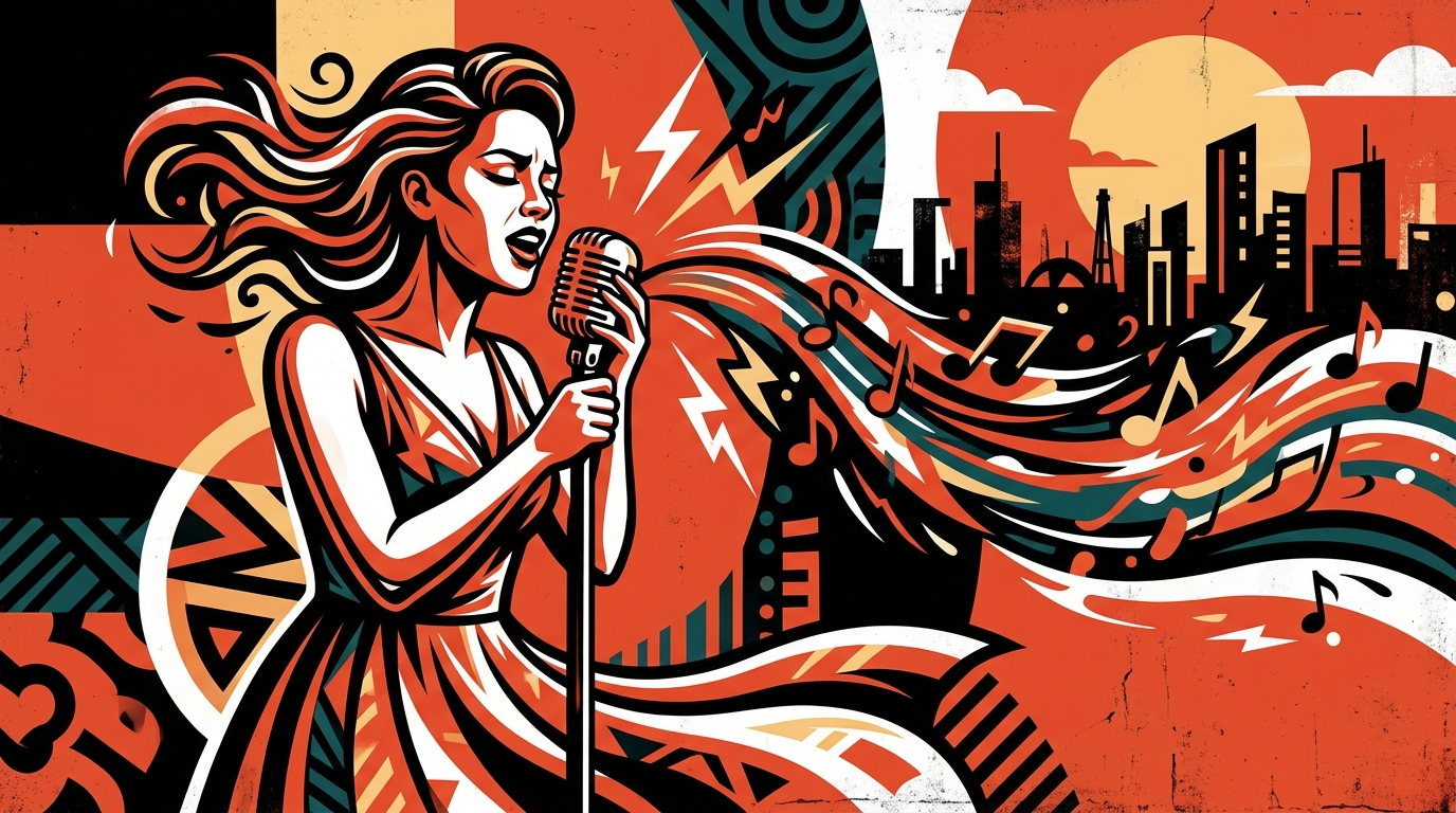 Ilustración urbana para Bonchona Radio: la esencia íntima de los boleros de iLe en un arte vibrante al estilo venezolano.