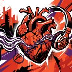 Arte urbano de un corazón sanando con música. Ilustra la confesión familiar de Tiago PZK en su canción 'Te perdono'.