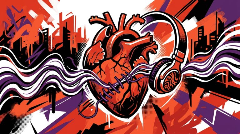 Arte urbano de un corazón sanando con música. Ilustra la confesión familiar de Tiago PZK en su canción 'Te perdono'.