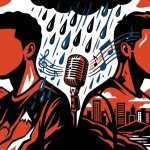 Ilustración urbana sobre Llane y Noreh. La lluvia se vuelve música simbolizando su conexión. Colores de Bonchona Radio.