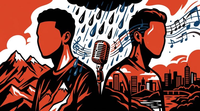 Ilustración urbana sobre Llane y Noreh. La lluvia se vuelve música simbolizando su conexión. Colores de Bonchona Radio.