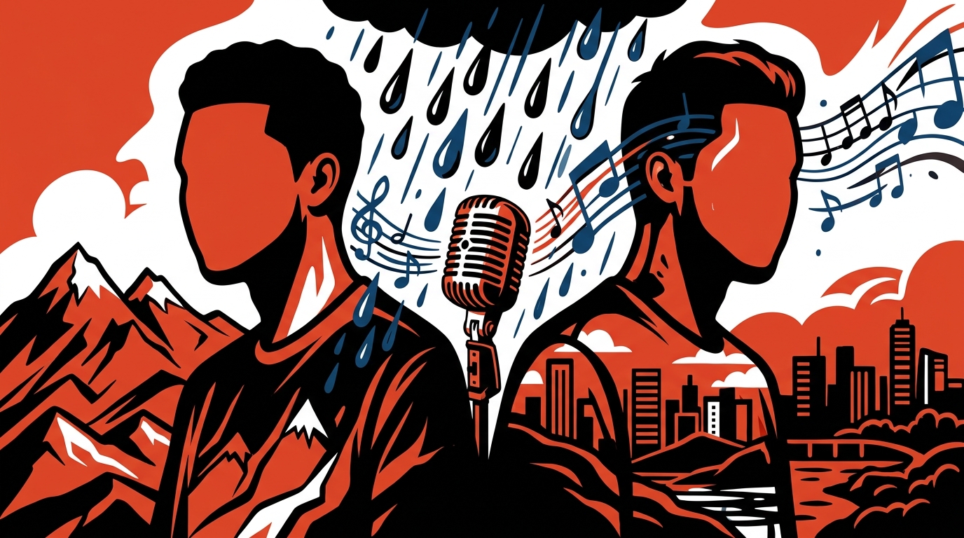 Ilustración urbana sobre Llane y Noreh. La lluvia se vuelve música simbolizando su conexión. Colores de Bonchona Radio.
