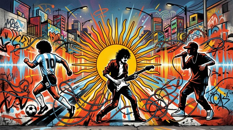 Ilustración urbana de Trueno, Maradona y Charly. Iconos de música y fútbol en vibrante arte callejero estilo venezolano.