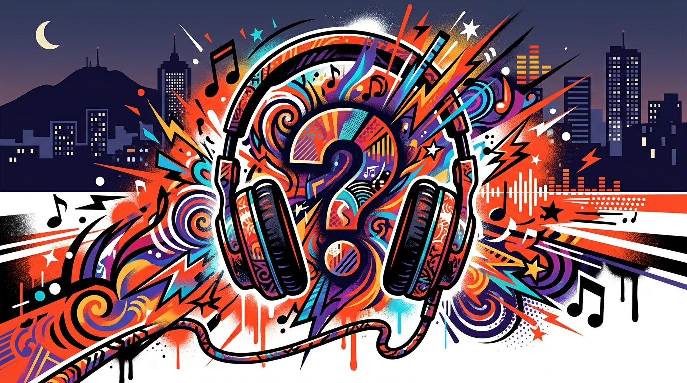 Ilustración urbana para Bonchona Radio sobre el misterio del nuevo sencillo 'Y Porfa' de Underaiki. Explosión de música y color.