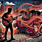 Ilustración urbana de un músico con su guitarra, simbolizando la humildad y las raíces de Alejandro Sanz.