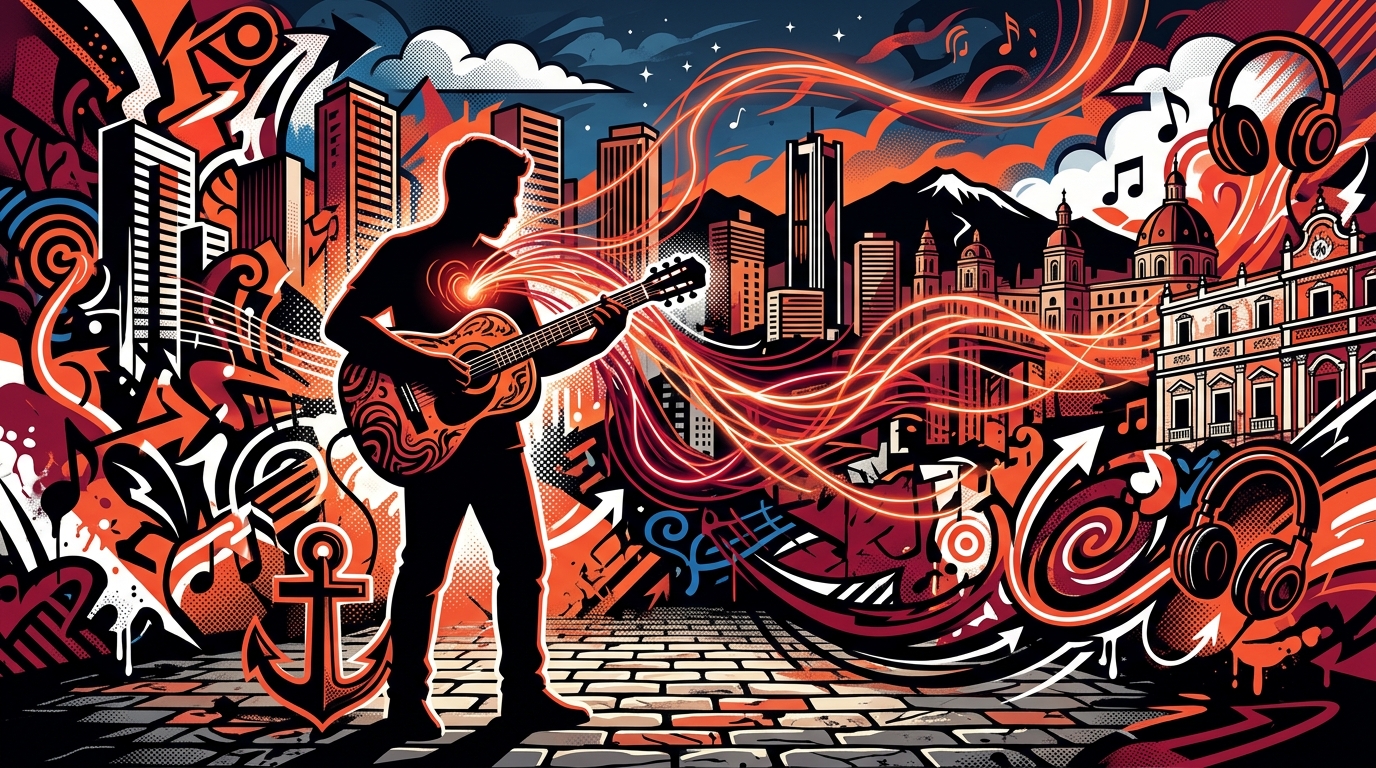 Ilustración urbana de un músico con su guitarra, simbolizando la humildad y las raíces de Alejandro Sanz.