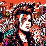 Ilustración de arte urbano sobre la Movida Madrileña. Explosión de música punk rock con vibrantes colores y estilo graffiti.