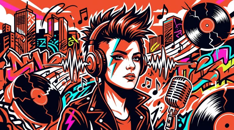 Ilustración de arte urbano sobre la Movida Madrileña. Explosión de música punk rock con vibrantes colores y estilo graffiti.