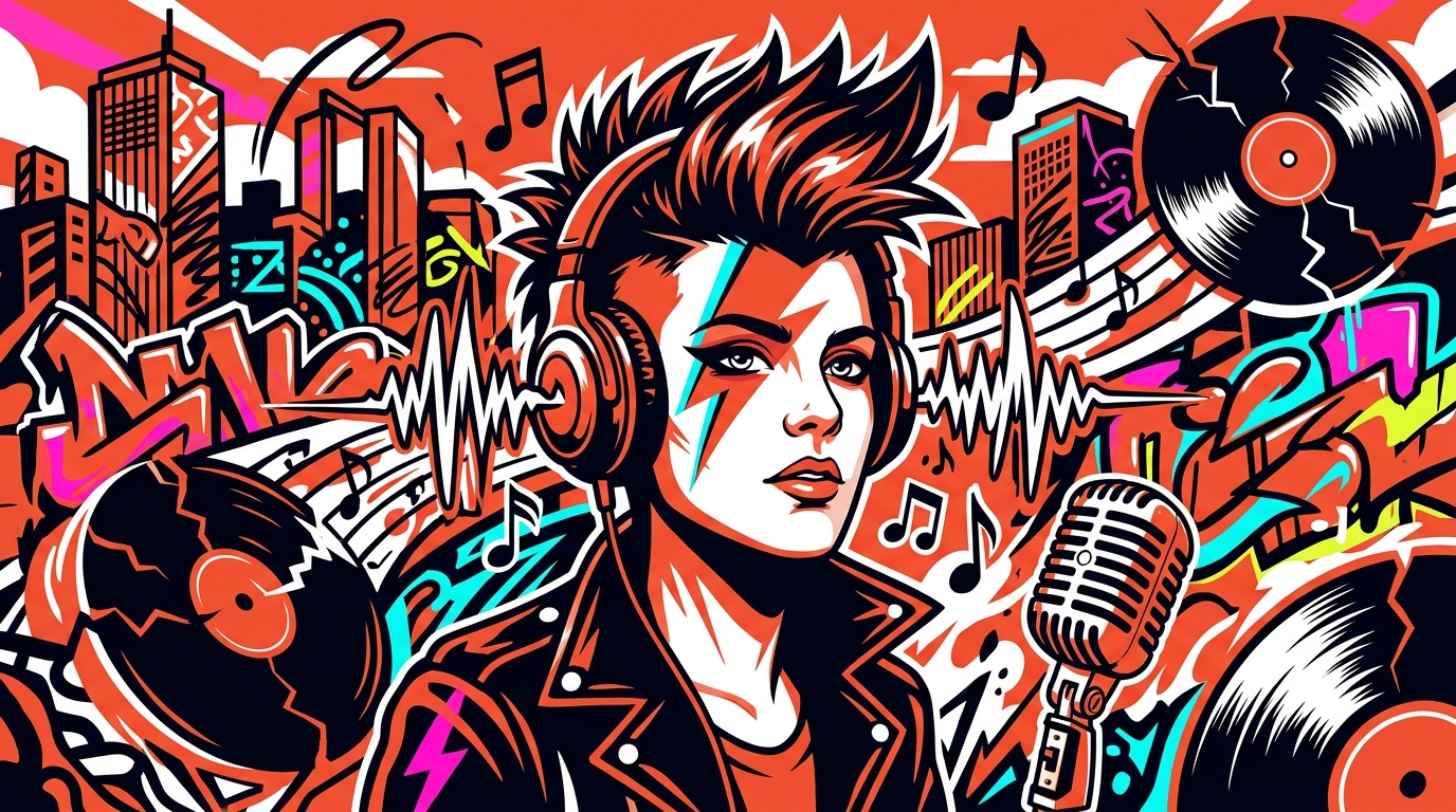 Ilustración de arte urbano sobre la Movida Madrileña. Explosión de música punk rock con vibrantes colores y estilo graffiti.