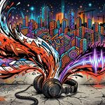 Ilustración urbana de los orígenes de The Chemical Brothers: audífonos creando una explosión de música electrónica y ciudad.