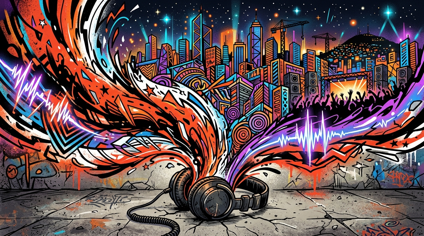 Ilustración urbana de los orígenes de The Chemical Brothers: audífonos creando una explosión de música electrónica y ciudad.