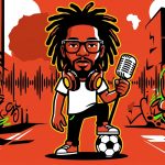 Ilustración urbana que fusiona al líder Lumumba, la música reggae y el fútbol con arte colorido y juvenil.