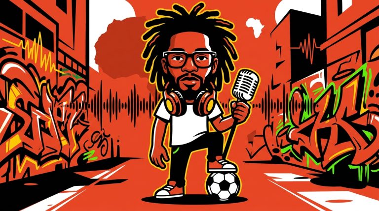 Ilustración urbana que fusiona al líder Lumumba, la música reggae y el fútbol con arte colorido y juvenil.