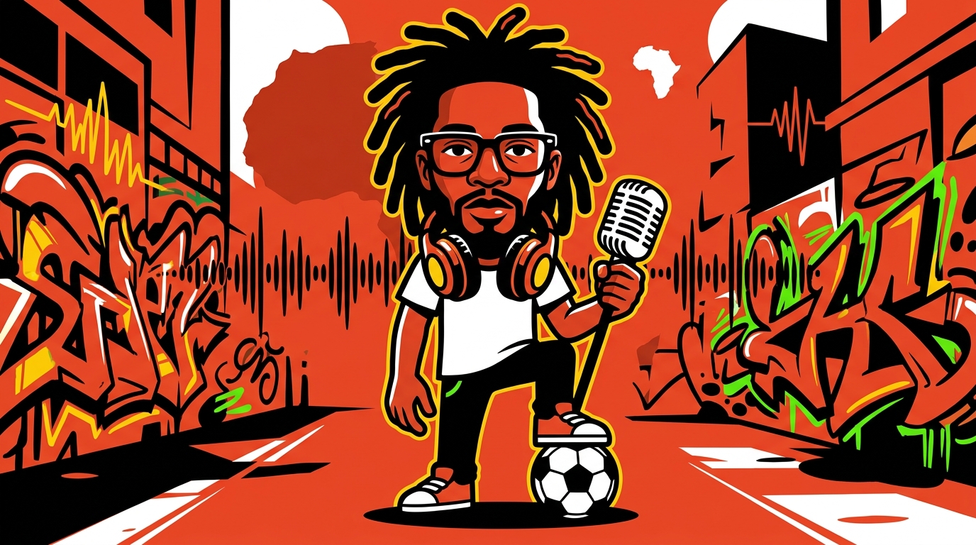 Ilustración urbana que fusiona al líder Lumumba, la música reggae y el fútbol con arte colorido y juvenil.
