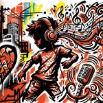Ilustración urbana por los 10 años de 'Traicionera' de Sebastián Yatra. Arte juvenil con notas musicales y colores vibrantes.