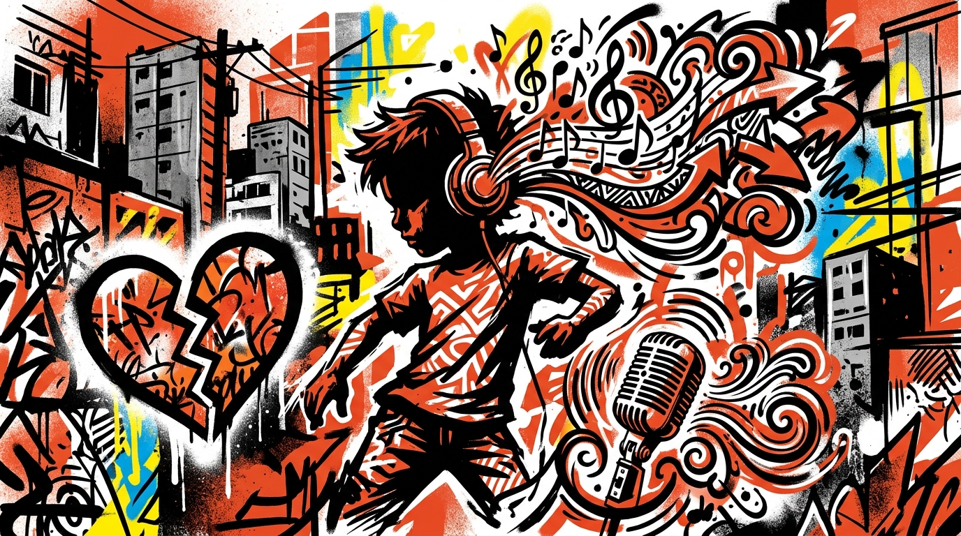 Ilustración urbana por los 10 años de 'Traicionera' de Sebastián Yatra. Arte juvenil con notas musicales y colores vibrantes.