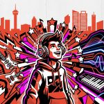 Ilustración urbana del cambio musical de Usted Señalemelo del rock a la electrónica, con símbolos de ambos géneros musicales.