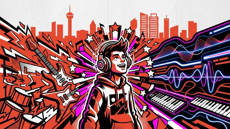 Ilustración urbana del cambio musical de Usted Señalemelo del rock a la electrónica, con símbolos de ambos géneros musicales.