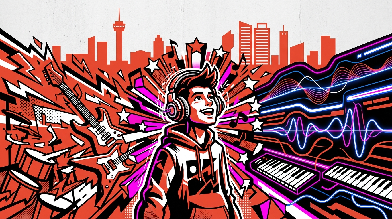 Ilustración urbana del cambio musical de Usted Señalemelo del rock a la electrónica, con símbolos de ambos géneros musicales.