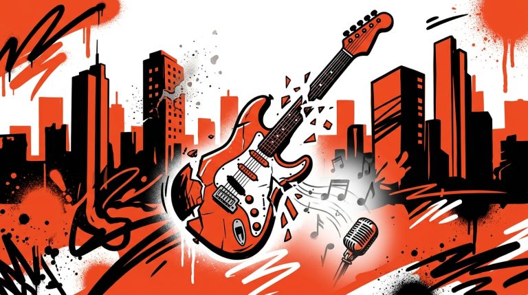 Ilustración de arte urbano en tributo a la banda Van Der Dijs. Una guitarra rota simboliza la tragedia del rock venezolano.
