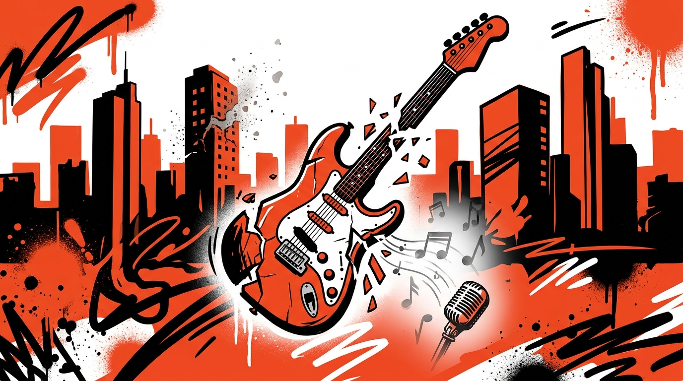 Ilustración de arte urbano en tributo a la banda Van Der Dijs. Una guitarra rota simboliza la tragedia del rock venezolano.