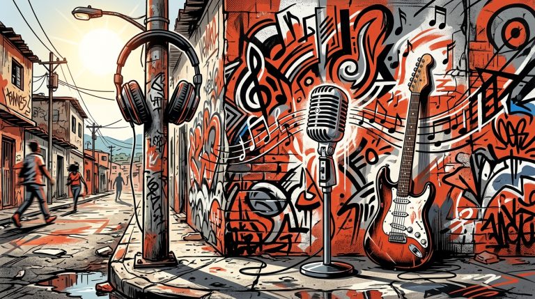 Ilustración urbana de un micrófono en el barrio, simbolizando el nuevo disco de The Menzingers grabado en su ciudad natal.