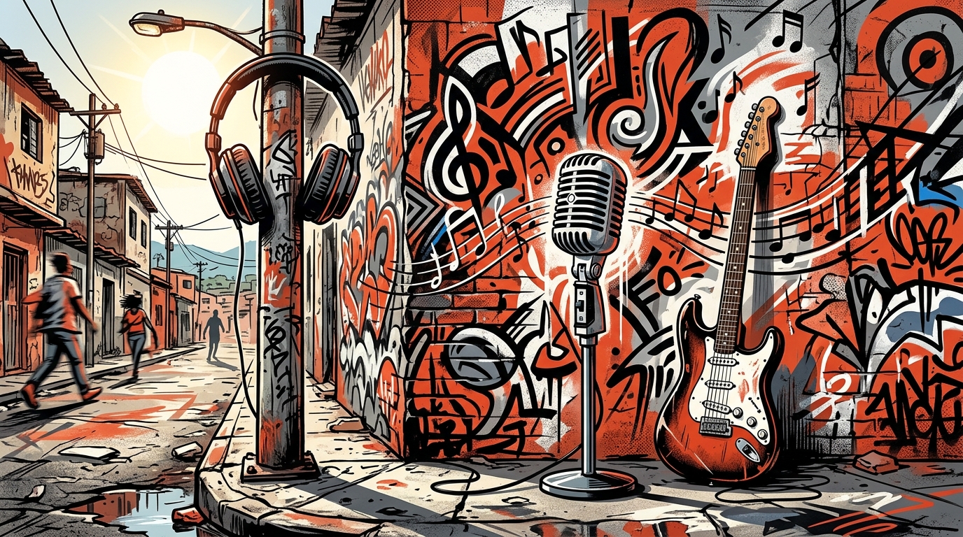 Ilustración urbana de un micrófono en el barrio, simbolizando el nuevo disco de The Menzingers grabado en su ciudad natal.