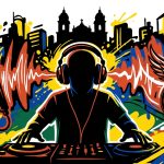 Ilustración urbana de un DJ con símbolos de inclusión como una silla de ruedas con alas, representando la movida nocturna en Colombia.