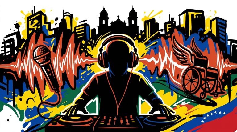 Ilustración urbana de un DJ con símbolos de inclusión como una silla de ruedas con alas, representando la movida nocturna en Colombia.