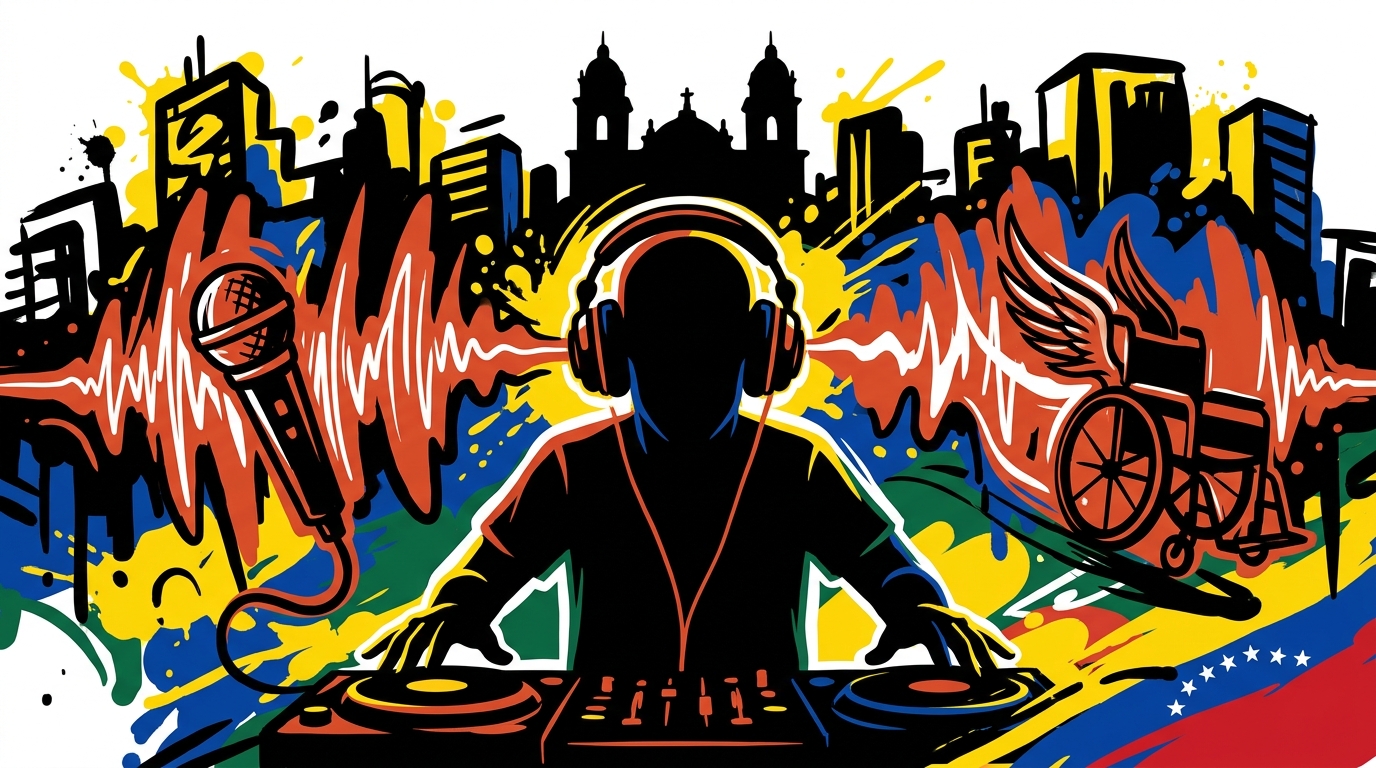 Ilustración urbana de un DJ con símbolos de inclusión como una silla de ruedas con alas, representando la movida nocturna en Colombia.