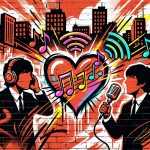 Arte urbano estilo graffiti celebrando el Global Beatles Day con siluetas de The Beatles en un paisaje de Valencia.