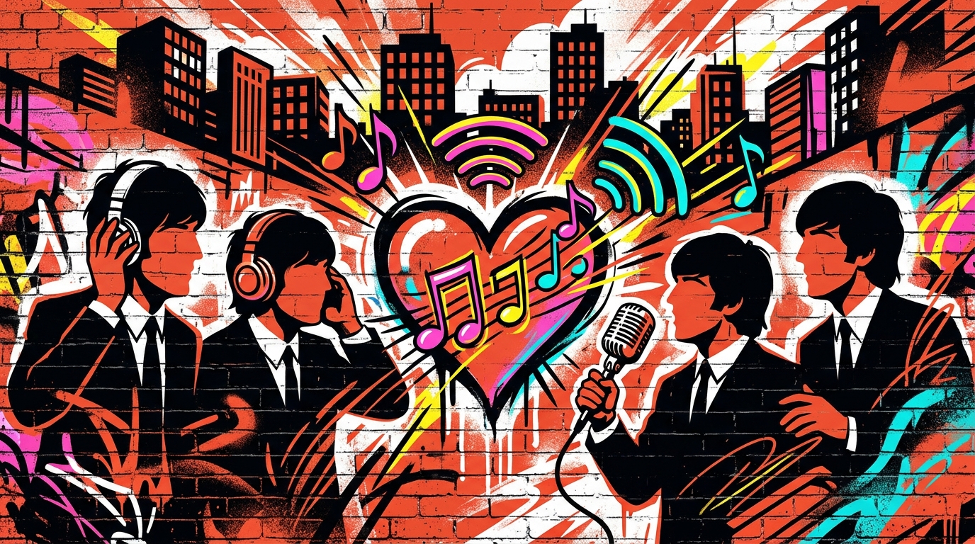 Arte urbano estilo graffiti celebrando el Global Beatles Day con siluetas de The Beatles en un paisaje de Valencia.