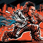 Ilustración urbana del rapero Kase.O rompiendo una camisa de fuerza simbólica. Crítica social para el álbum Camisa de Fuerza.