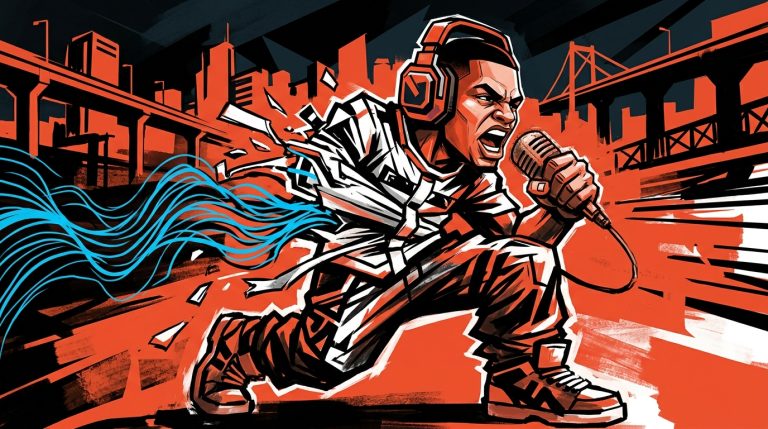 Ilustración urbana del rapero Kase.O rompiendo una camisa de fuerza simbólica. Crítica social para el álbum Camisa de Fuerza.