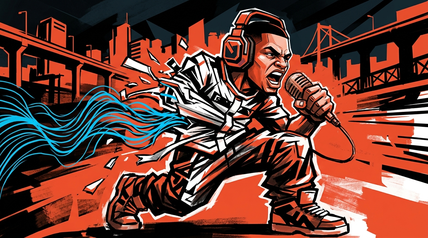 Ilustración urbana del rapero Kase.O rompiendo una camisa de fuerza simbólica. Crítica social para el álbum Camisa de Fuerza.