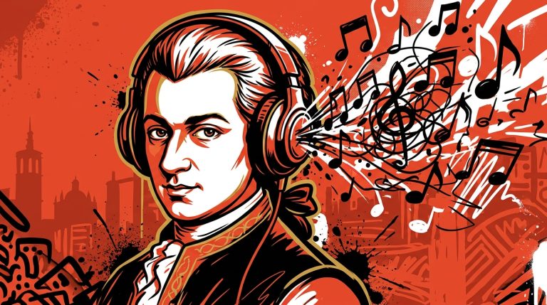Ilustración urbana de Mozart con audífonos, simbolizando el hallazgo de sus partituras inéditas. Estilo pop art venezolano.