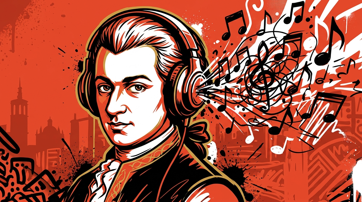 Ilustración urbana de Mozart con audífonos, simbolizando el hallazgo de sus partituras inéditas. Estilo pop art venezolano.