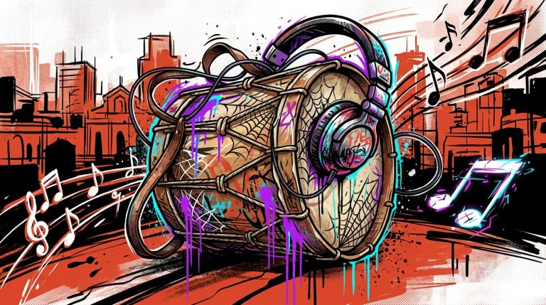 Ilustración urbana que fusiona un bombo folklórico y audífonos, simbolizando la unión del trap de Cazzu y la tradición.