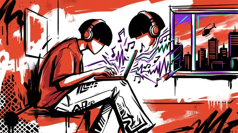 Ilustración urbana sobre la última confesión de Oliver Tree creando música. Homenaje de Bonchona Radio a su legado.