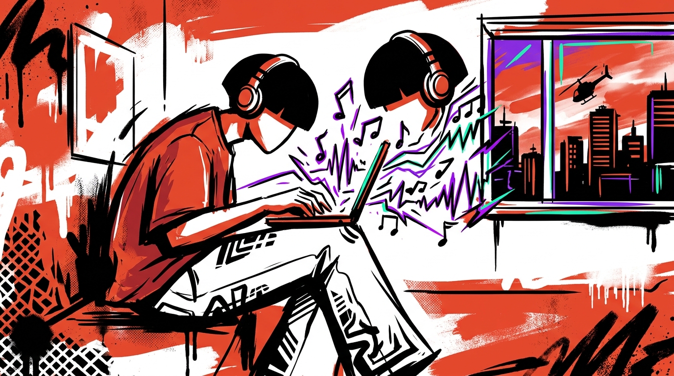 Ilustración urbana sobre la última confesión de Oliver Tree creando música. Homenaje de Bonchona Radio a su legado.