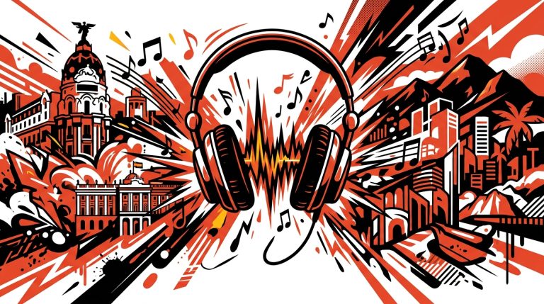 Ilustración urbana que representa la nueva movida musical de Madrid conectando con Venezuela a través de ondas sonoras.