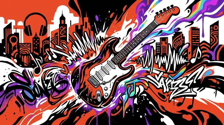 Ilustración urbana de una guitarra eléctrica simbolizando las historias secretas detrás de los mejores solos de rock.