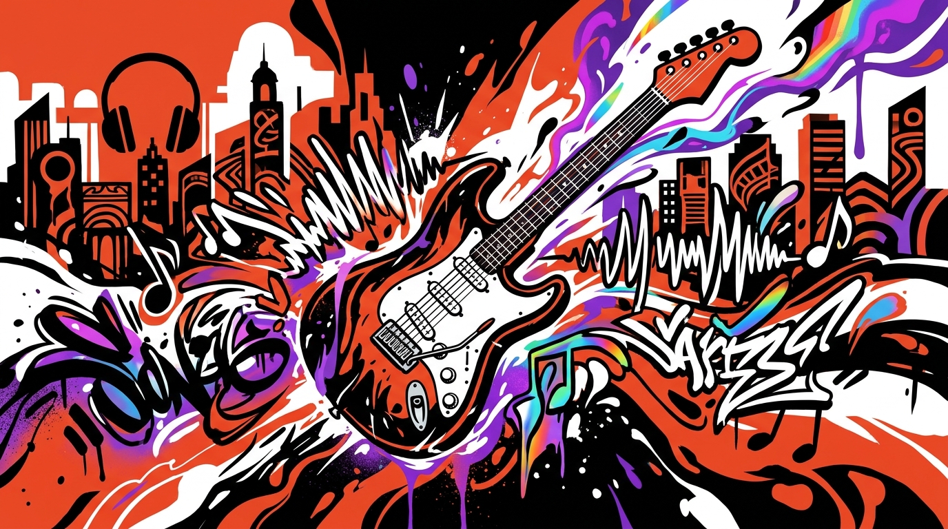 Ilustración urbana de una guitarra eléctrica simbolizando las historias secretas detrás de los mejores solos de rock.